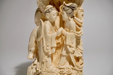 A Chinese carved ivory tusk with a marriage scene, ca. 1900